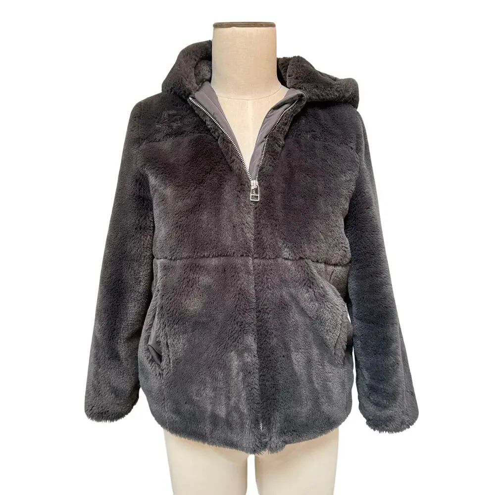 Zara Kids Girls Faux Fur Coat Hooded Gray Cozy Furry Warm Girls 11-12